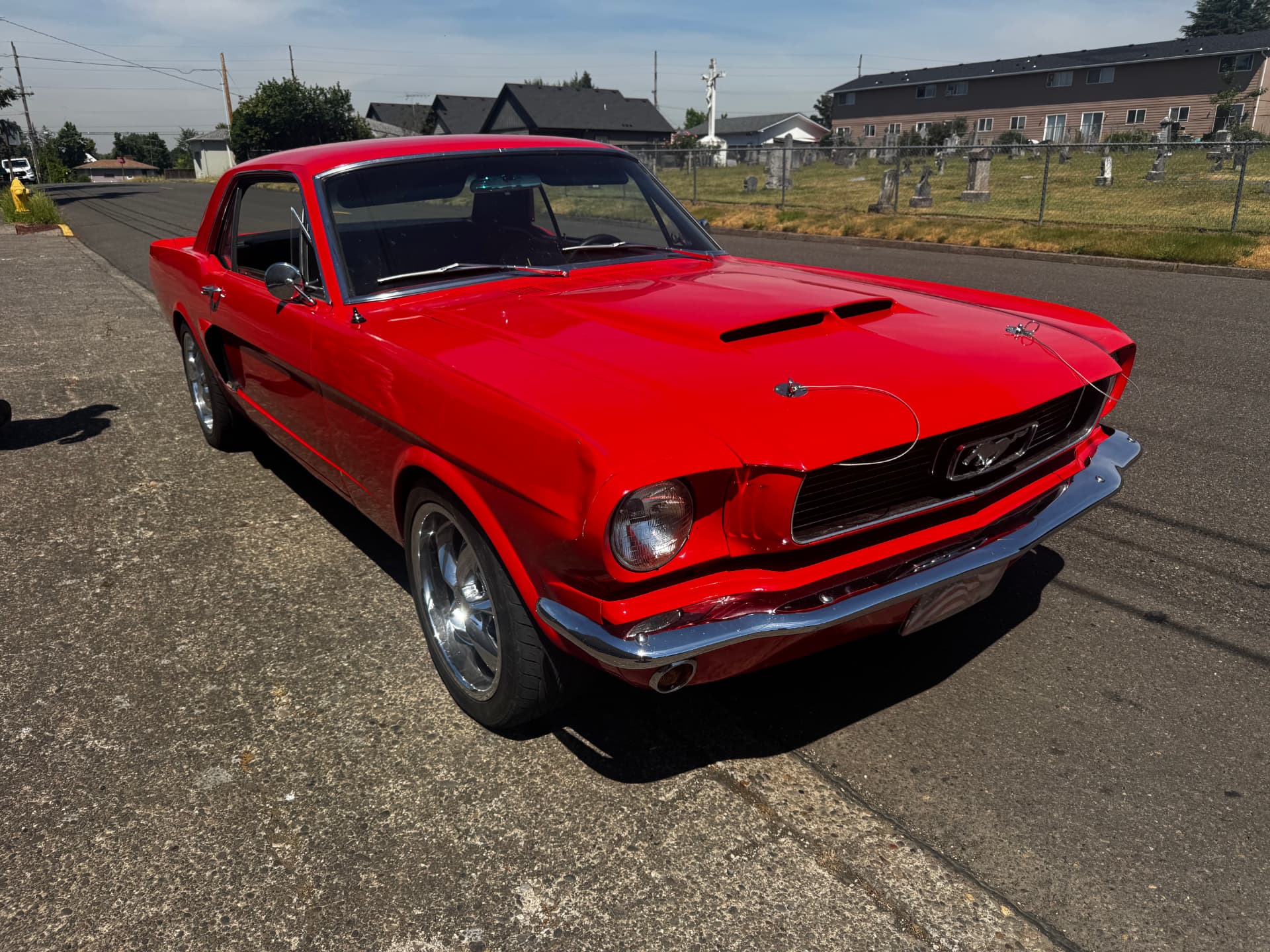 Finished red 1966 Ford Mustang after paint work in Mt. Angel, Oregon