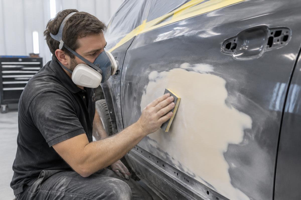 Technician sanding and shaping a car door panel during auto body repair